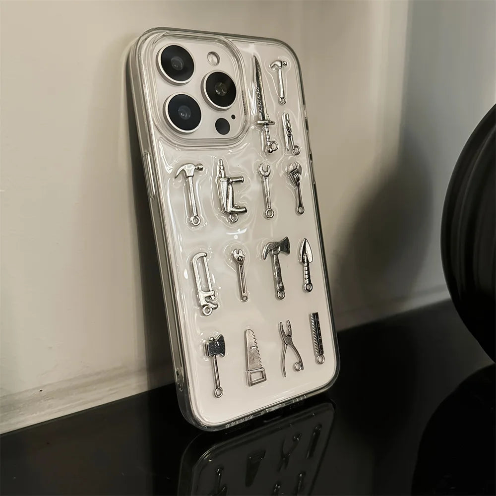 3D Tool Creative Handmade Fork Knife Clear Phone Case For iPhone 16 15 13 14 Pro Max Drip Glue Soft Silicone Back Cover