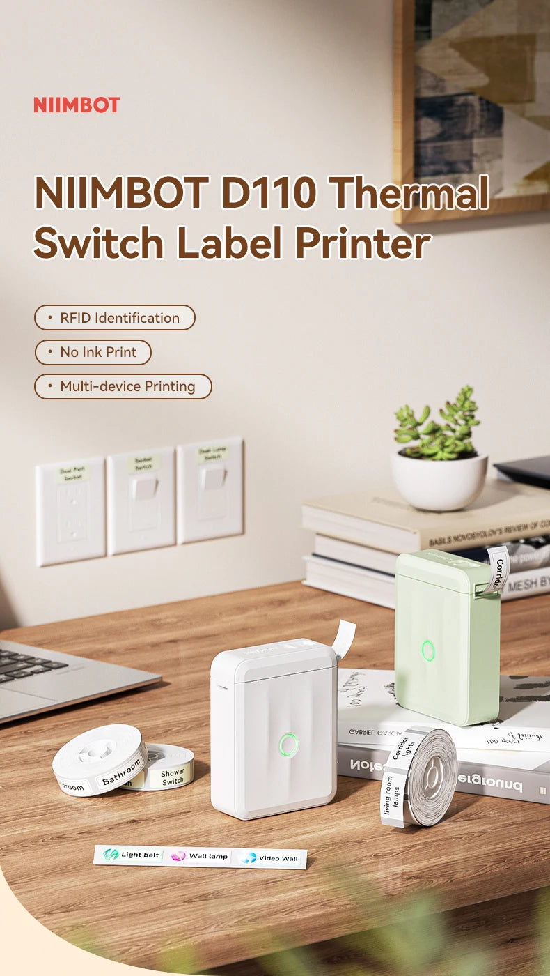 D110 Mini Portable Thermal Label Printer, Bluetooth Wireless Inkless Sticker Maker 12–15mm, Compact Label Machine for Home Organization