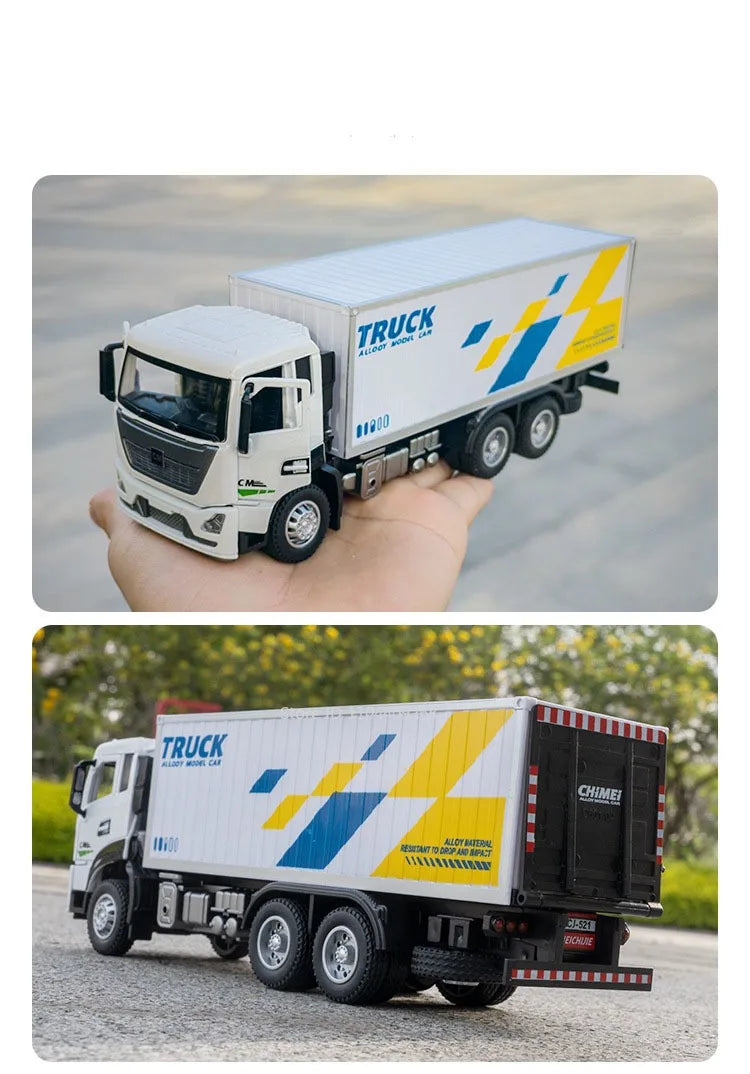 1:32 Scale Container Truck Fire Trucks Model Car Toy Pull Back Music Light Metal Diecast Doors Opened Vehicles Toys for Gift