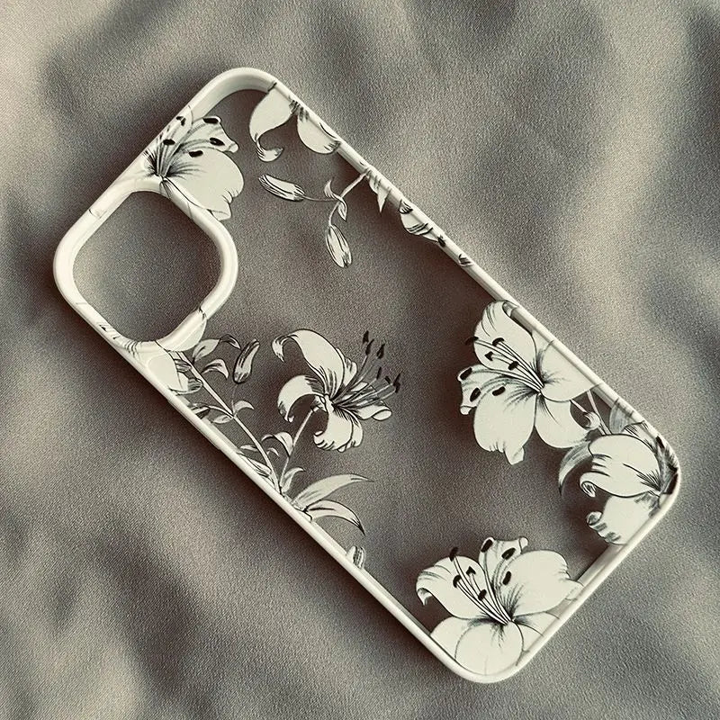 Transparent Lily Flower Floral Case For iPhone 16 15 14 Pro Max 14 Plus Mini Acrylic Clear Funda Cover