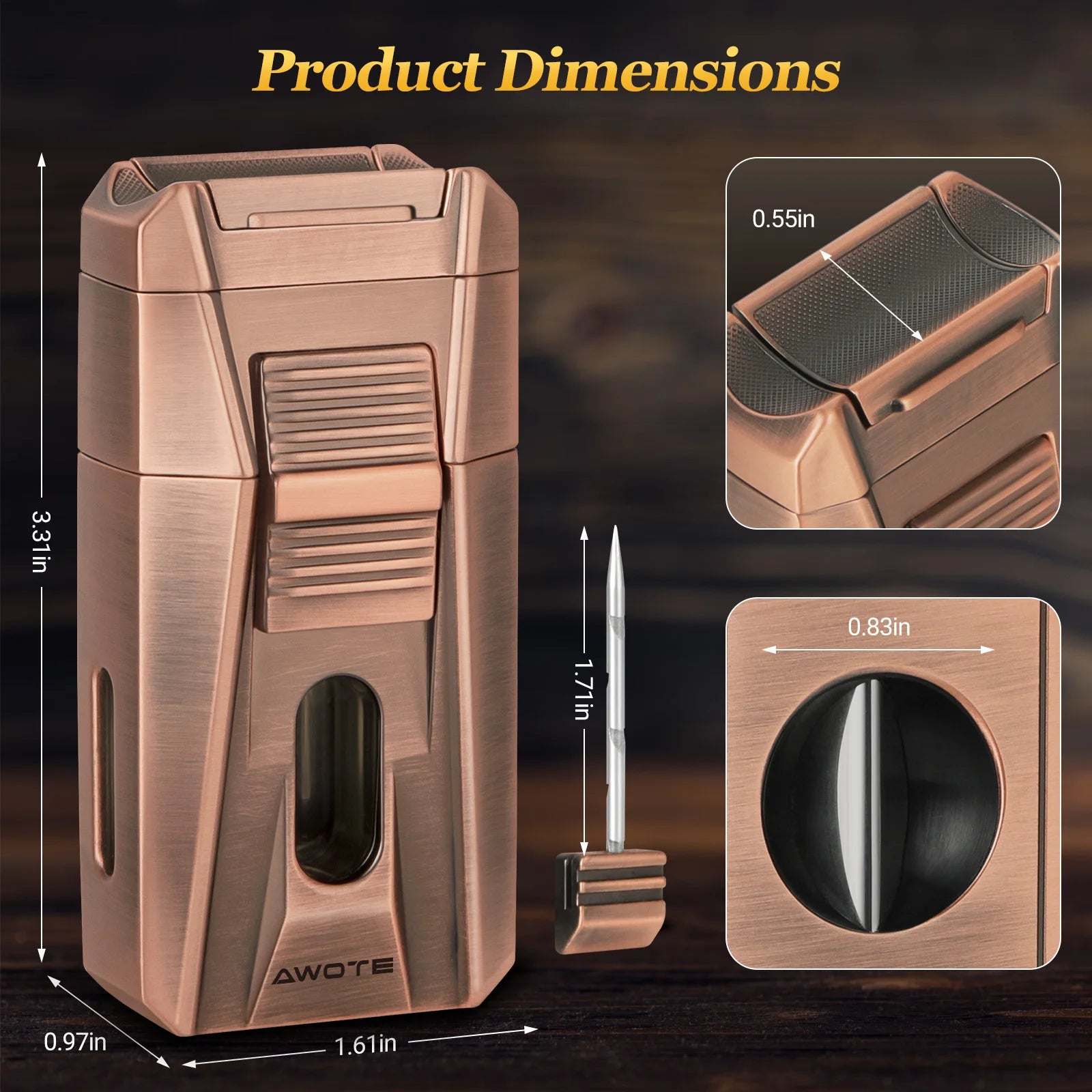 Cigar Lighter with Double Jet Flame, Refillable Cigar Torch Lighter with Cigar Holder, V-Cigar Cutter, Cigar Draw Enhancer