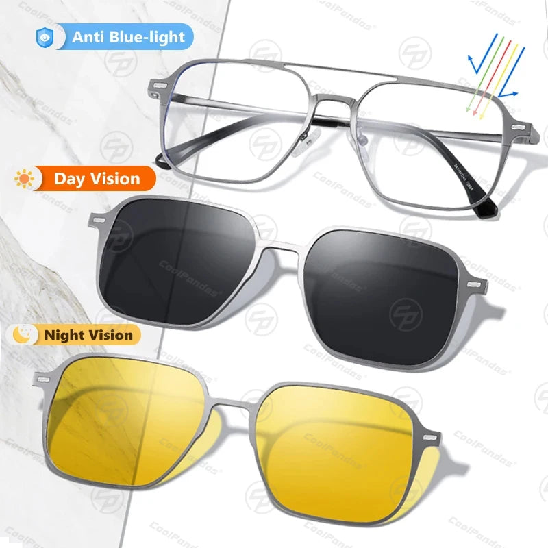 Titanium 3 In 1 Magnetic Clip On Polarized Sunglasses UV400 Optical Computer Glasses for Men Women