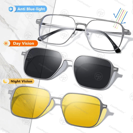 Titanium 3 In 1 Magnetic Clip On Polarized Sunglasses UV400 Optical Computer Glasses for Men Women