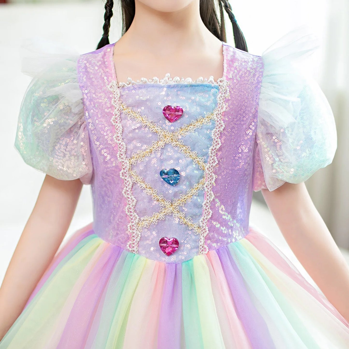 Rainbow Gradient Princess Ball Gown with Puff Bubble Sleeves