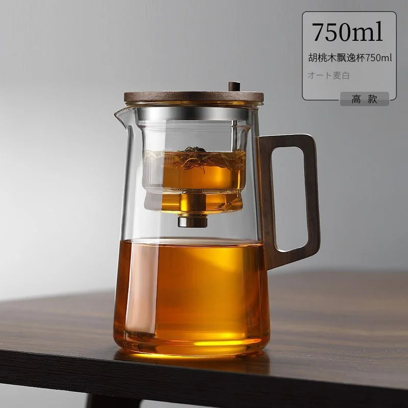 Water Separation Glass Teapot with One Click Tea Infuser and Wood Handle