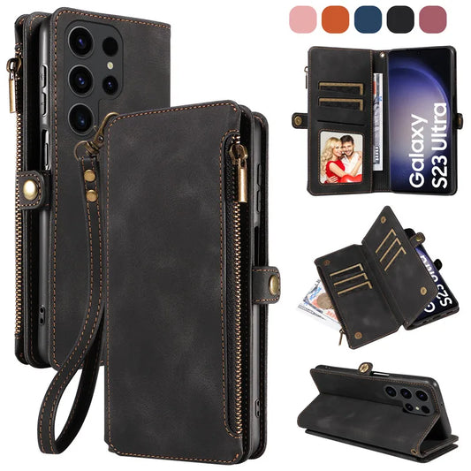 Luxury Leather Flip Wallet Case with Lanyard for Samsung Galaxy S26 / S25 / S24 / S23 Ultra & Plus – Magnetic Full Coverage Phone Bag Cover
