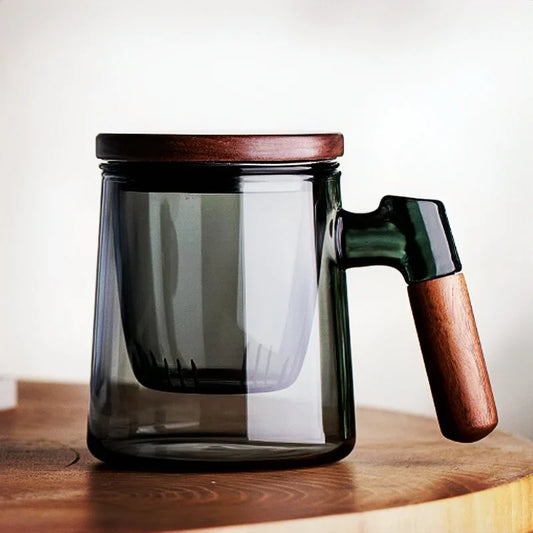 400ml Walnut Wooden Handle Lid Filter Glass Tea Cup Tea Water Separation Scented Tea Cup Office Flower Tea Separation Tea Mug