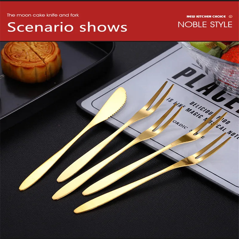 10pcs Stainless Steel Fruit Fork Small Toothpick Multifunctional Fruit Stick Gold Moon Cake Knife Food Picks Kitchen Accessories