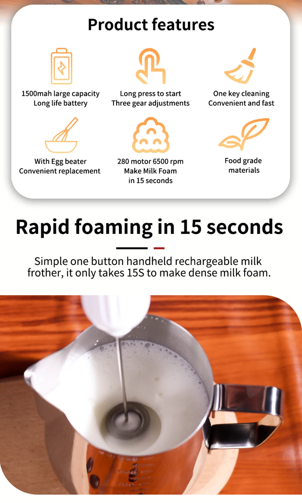 Electric Milk Frother USB Rechargeable Wireless Milk Foamer Coffee Whisk Mixer Egg Beater Mini Frother Handle Stirrer 3 Speeds