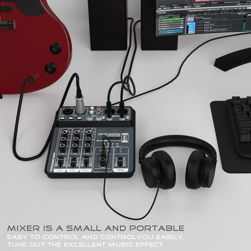 4 Channel Audio Recording Mixer With Bluetooth USB And 48V Phantom Power Light Grey