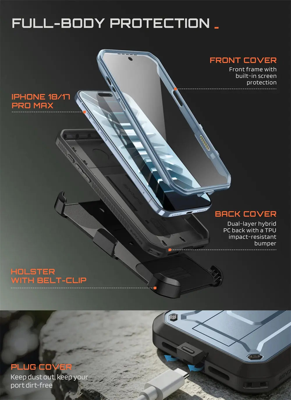 Full Body Rugged Phone Case with Built In Screen Protector and Belt Clip Holster for iPhone 17 Pro Max and iPhone 18 Pro Max