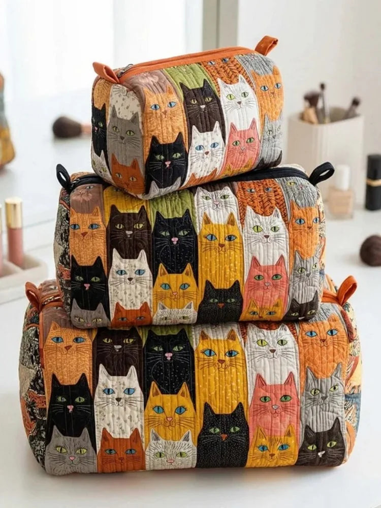 3-Size Quilted Cosmetic Bag 3D Printed Cute Animal Floral Printed Patchwork Makeup Toiletry Pouch Travel Organizer Storage Box