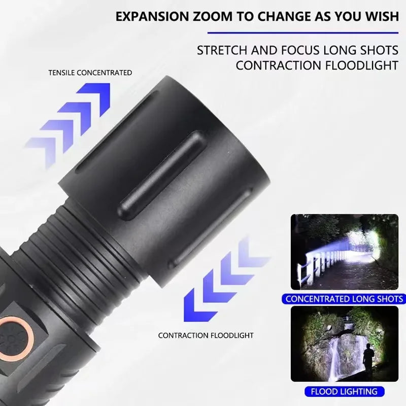 T40 High Power LED Flashlight Rechargeable Zoom Torch with Power Bank 3×18650 Battery Ultra Bright