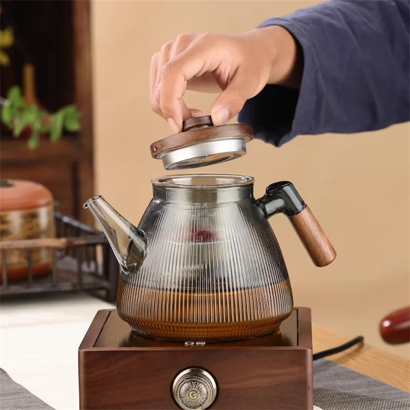 Stripe High Borosilicate Glass Teapot  With Walnut Handle Cooking and Steaming Dual Purpose Glass Tea Pot Tea Kettle Teaware