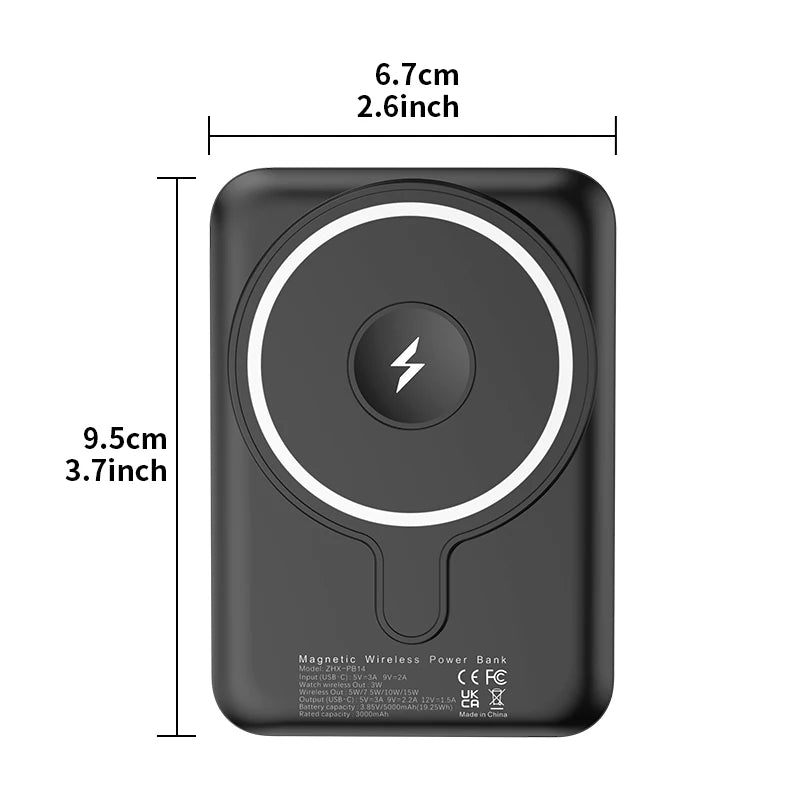 Portable Magnetic Power Bank 5000mAh 3-in-1 Wireless 15W Fast Charing Battery for iPhone 17 16 15 14 13 12 Pro Watch Airpods