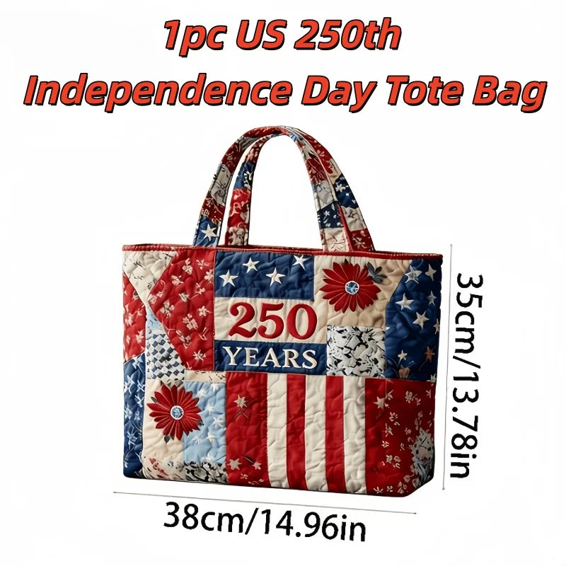 Patriotic Quilted Tote Bag 250 Years American Flag Patchwork Shoulder Handbag