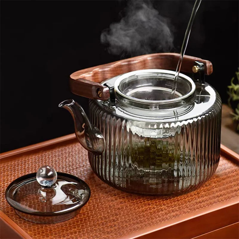 Large Capacity 1200ml Vertical Stripe Pattern Glass Tea Pot Kungfu Tea Set Wooden Beam Tea Kettle Brewing Puer Teapot Teaware