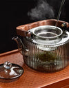 Large Capacity 1200ml Vertical Stripe Pattern Glass Tea Pot Kungfu Tea Set Wooden Beam Tea Kettle Brewing Puer Teapot Teaware