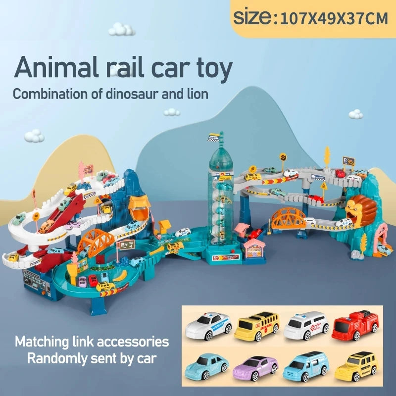 Electric Rail Car Dinosaur Building Parking Lot Adventure Racing Rail Car Toys Brain Mechanical Interactive Rail Cars