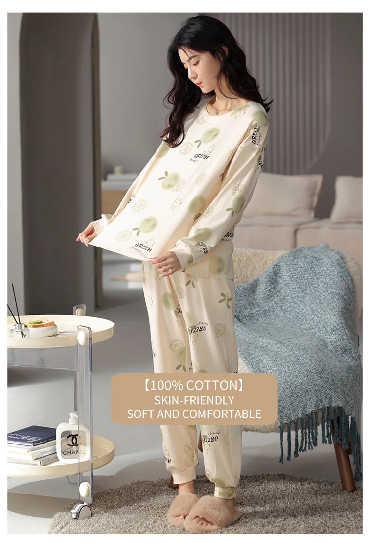 Women’s Cute Lazy Style Cotton Pajama Set – Soft, Loose Long Sleeves & Pants