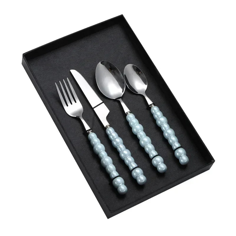 4Pcs Luxury Dinnerware Set Ceramic Pearl Handle Stainless Steel Spoon and Fork Set Western Silver Cutlery High-looking Tableware
