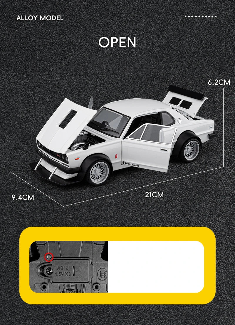 1 22 Scale Skyline 2000 GTR KPGC10 V8 Modified Diecast Pull Back Model Car with Sound and Light