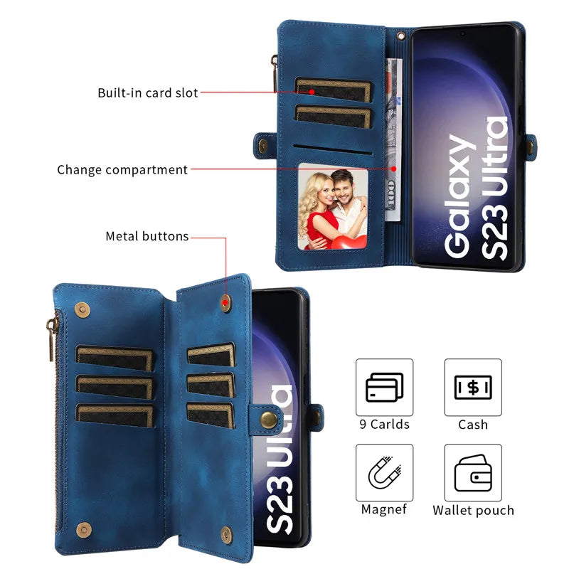 Luxury Leather Flip Wallet Case with Lanyard for Samsung Galaxy S26 / S25 / S24 / S23 Ultra & Plus – Magnetic Full Coverage Phone Bag Cover