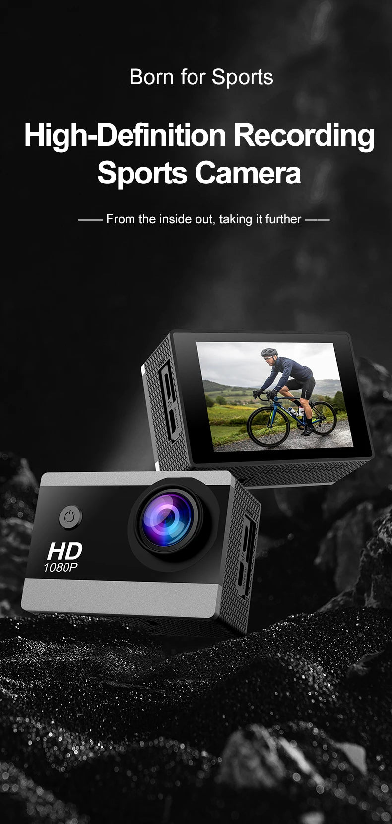 1080P Waterproof Action Camera with 2 Inch IPS Screen 170 Degree Wide Angle Helmet Sports Camera