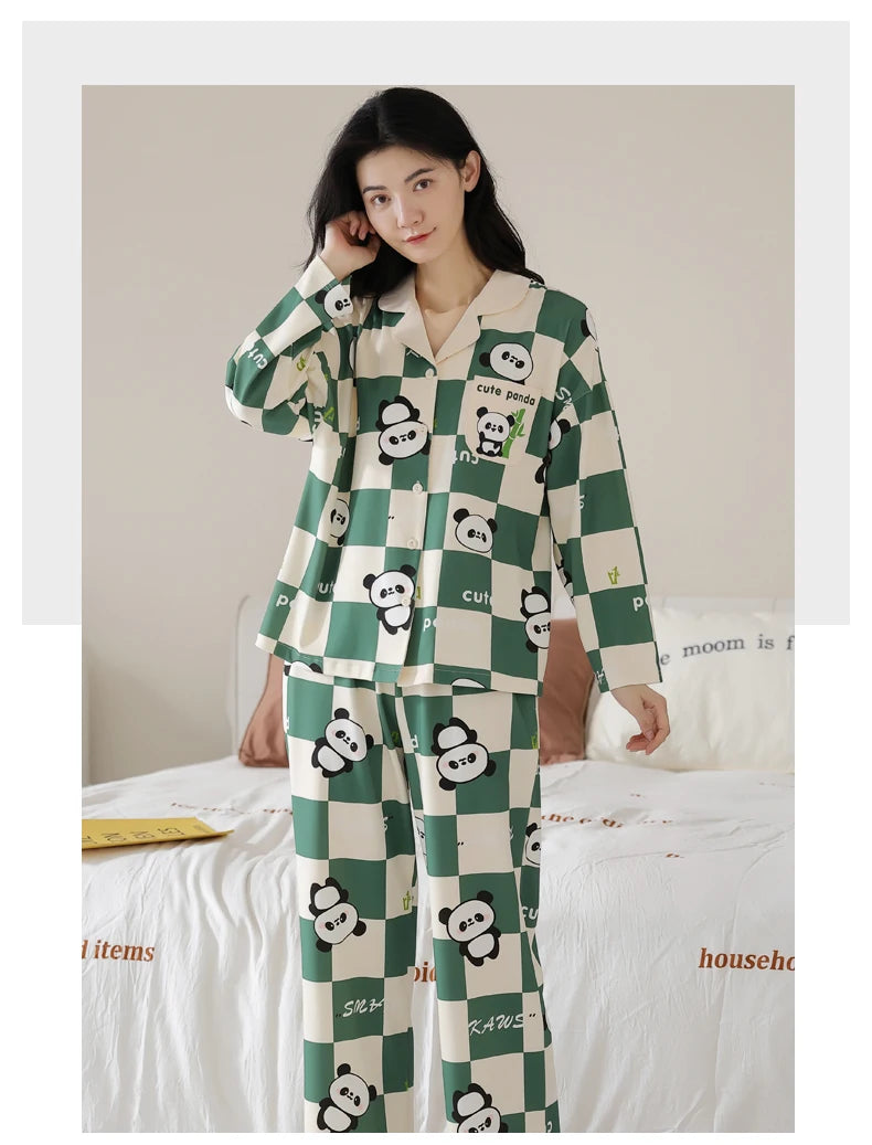 Women’s Winter 100% Cotton Pajama Set – Loose Fit, Turn-Down Collar, Long Sleeves, Cute Pink