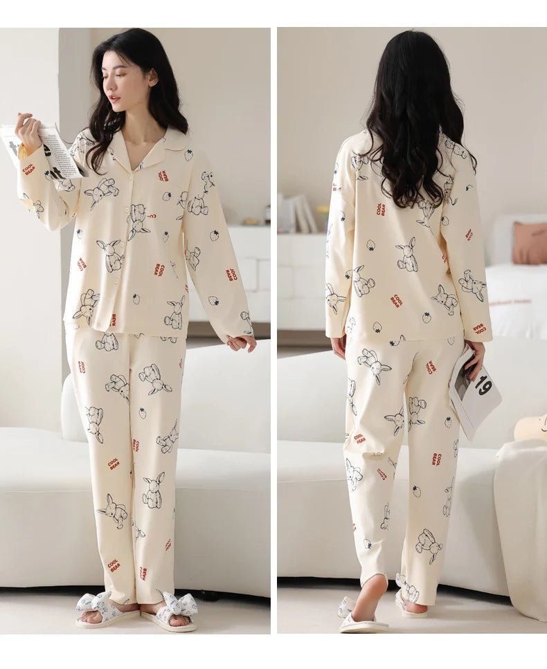 Women’s Winter 100% Cotton Pajama Set – Loose Fit, Turn-Down Collar, Long Sleeves, Cute Pink
