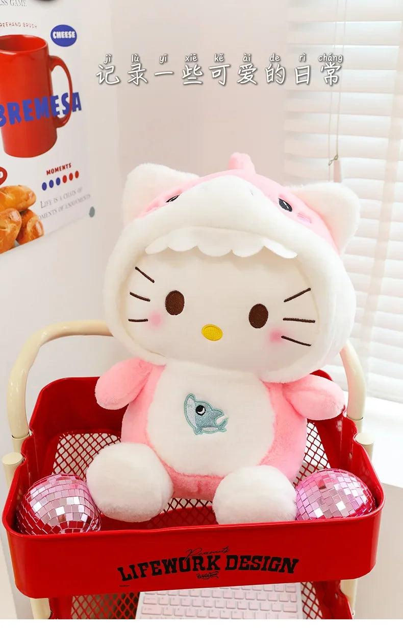 60cm Sanrio Shark Hello Kitty Cat Plush Toys Cartoon KT Cat Plushie Doll Soft Stuffed Anime Pillow Birthday Gifts for Kids Girls