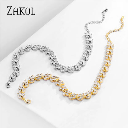 Classic Leaf Shape Cubic Zirconia Chain & Link Bracelets Luxury  CZ Shiny Stone Bracelet