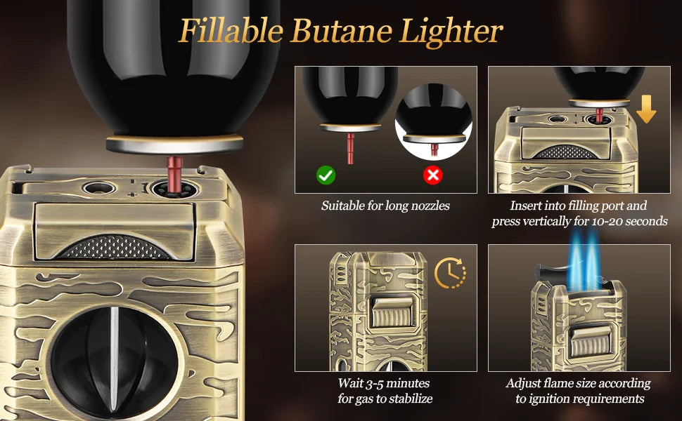 Cigar Lighter, 7-in-1 Cigar Lighter, Dual-Flame Windproof, Built-in Dual Punch, V-Cut, Flat Cut, Cigar Holder (No Butane)