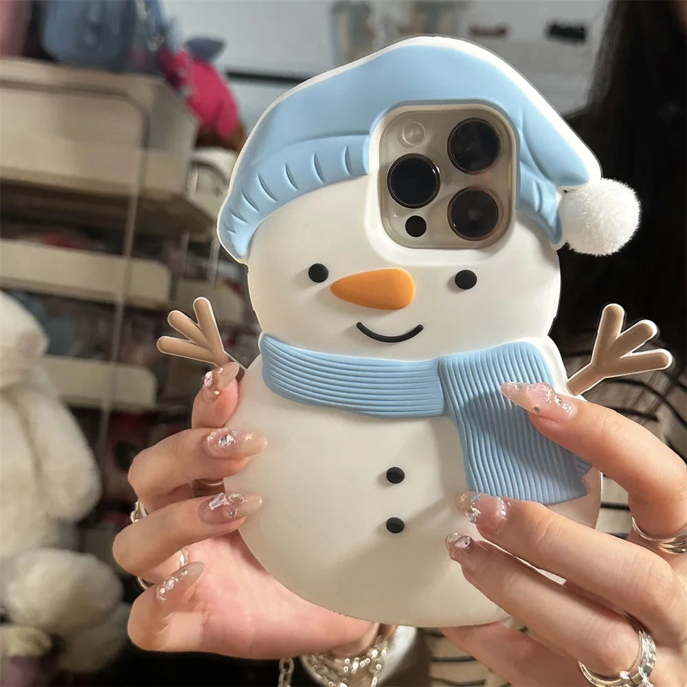 INS 3D Cartoon Snowman Scarf Winter Phone Case For iPhone 16 15 13 14 Pro Max Christmas Carrot Cute Lovely Soft Silicone Cover
