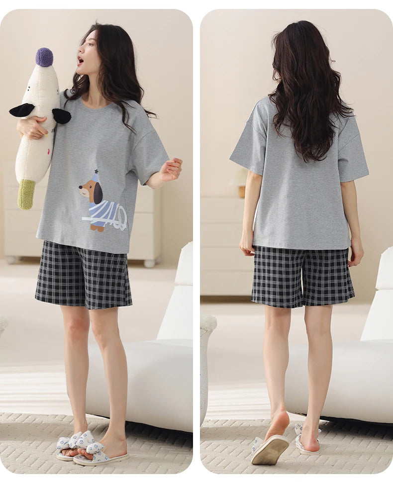 2-Pcs Women’s Cotton Pajama Set – Breathable Short Sleeve Summer Sleepwear with Cute Prints