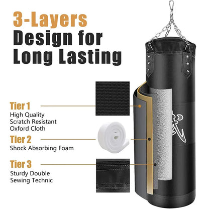 100/120cm Unfilled Heavy Punching Bag Professional Boxing Sandbag with Hanging Accessorie for MMA Muay Thai Kickboxing Taekwondo