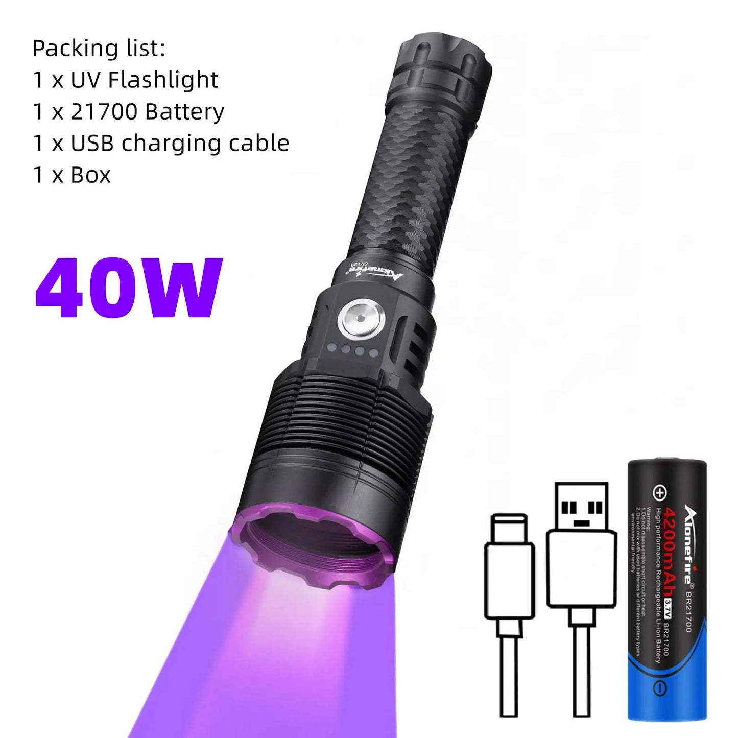 40W 365nm UV Rechargeable Blacklight Flashlight