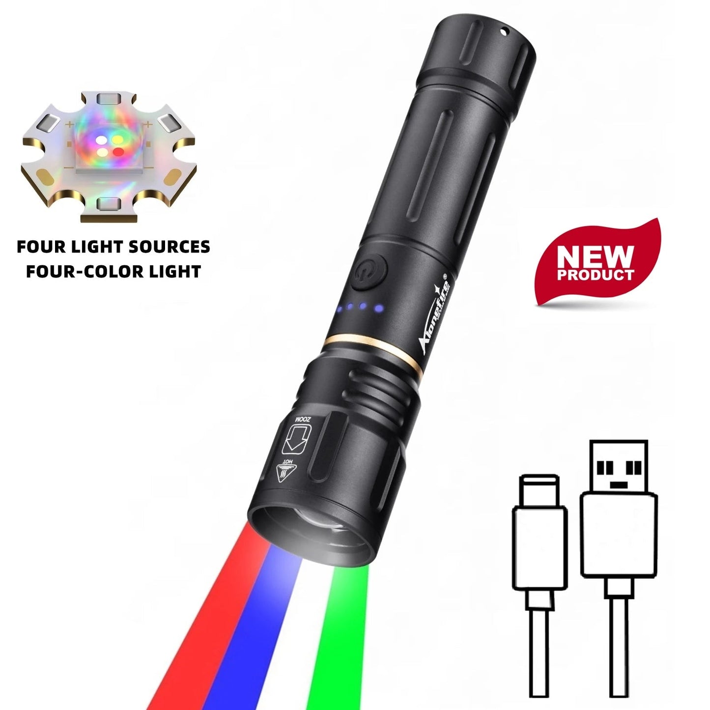 4 In 1 RGB Rechargeable Zoom LED Flashlight
