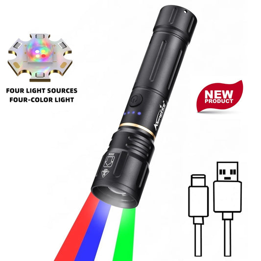 4 In 1 RGB Rechargeable Zoom LED Flashlight