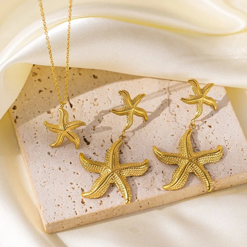 Trendy Starfish Pendant Necklace For Women Girls 18K Gold Plated Stainless Steel Choker Chains Earrings 45 cm