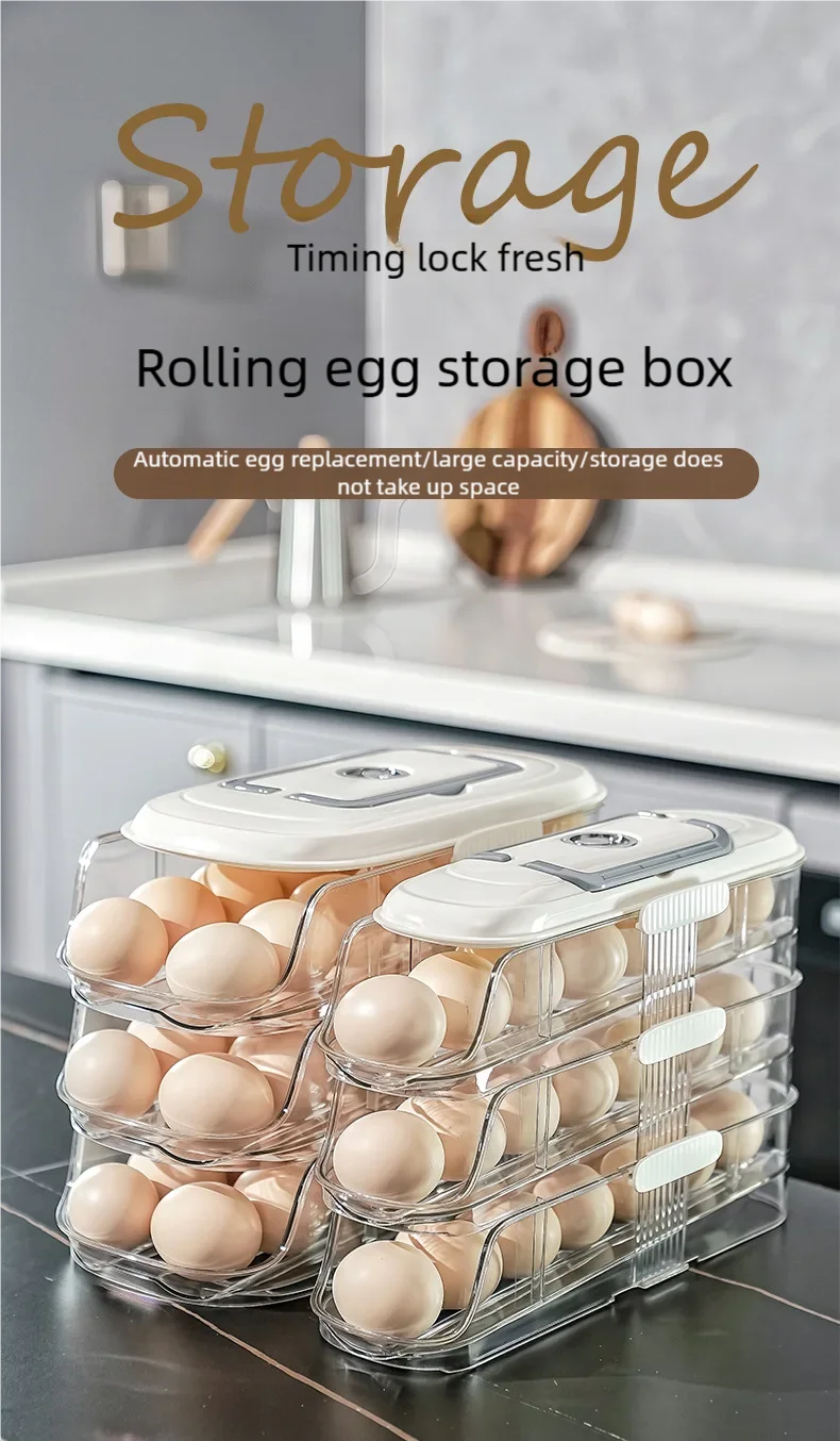 Multi-Layer Automatic Rolling Egg Storage Box – Refrigerator Side Door Egg Tray Rack Organizer