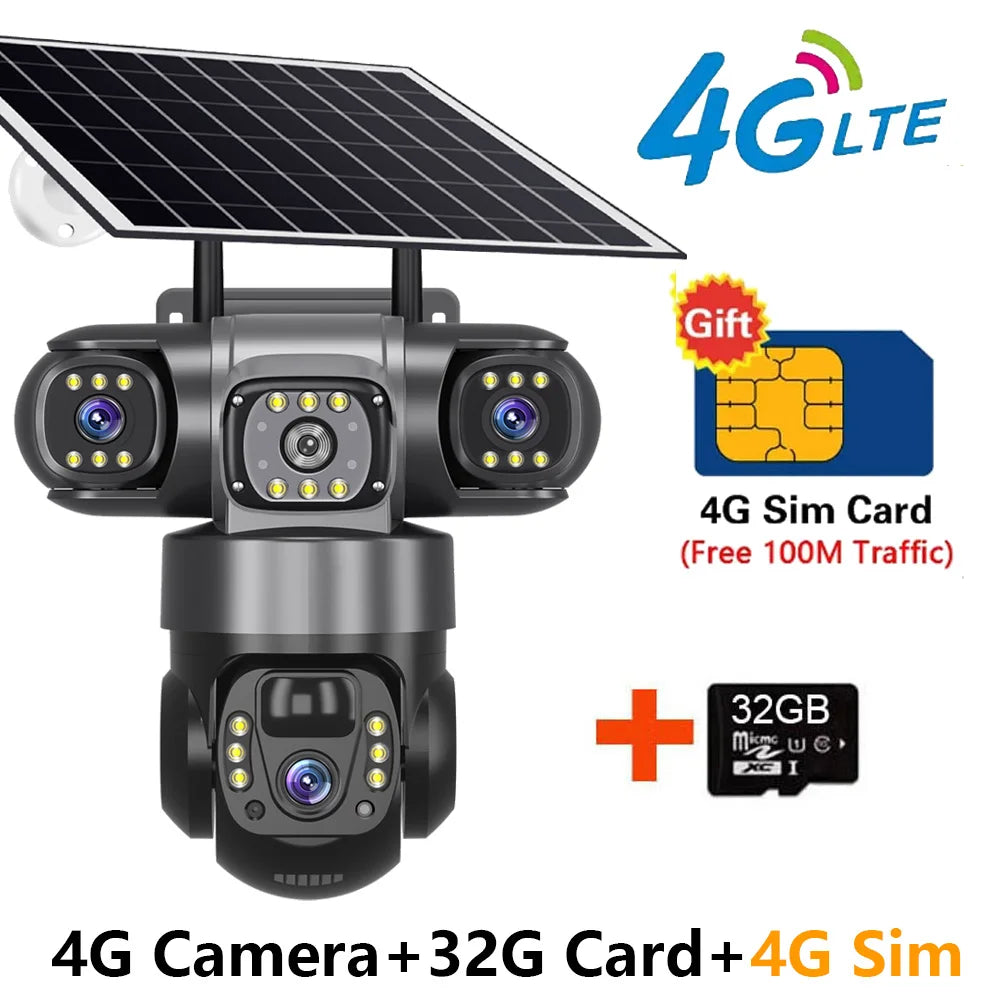 Solar Camera 4G Sim Outdoor 3 Lens 3 Screen 10X Zoom PIR Human Detect Cameras Waterproof Night Vision CCTV Security Protection