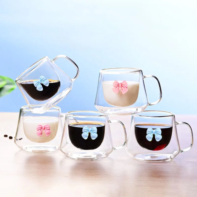 2pcs Bowknot Double Wall Glass Cup Set Coffee Mug Heat-resistant Espresso Cup Thermo Insulated Cup For Cappuccino Tea Drinkware