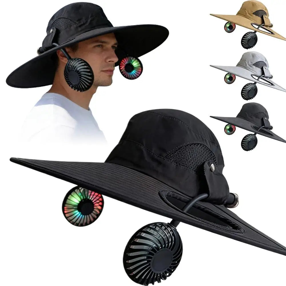 Wide Brim Solar Fan Hat With Dual Fans And USB Charging
