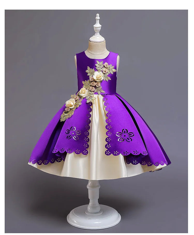 Girls Summer Princess Dress - Sleeveless Tulle Tutu with Floral Appliques | Kindergarten Performance Outfit, Birthday Party Gown