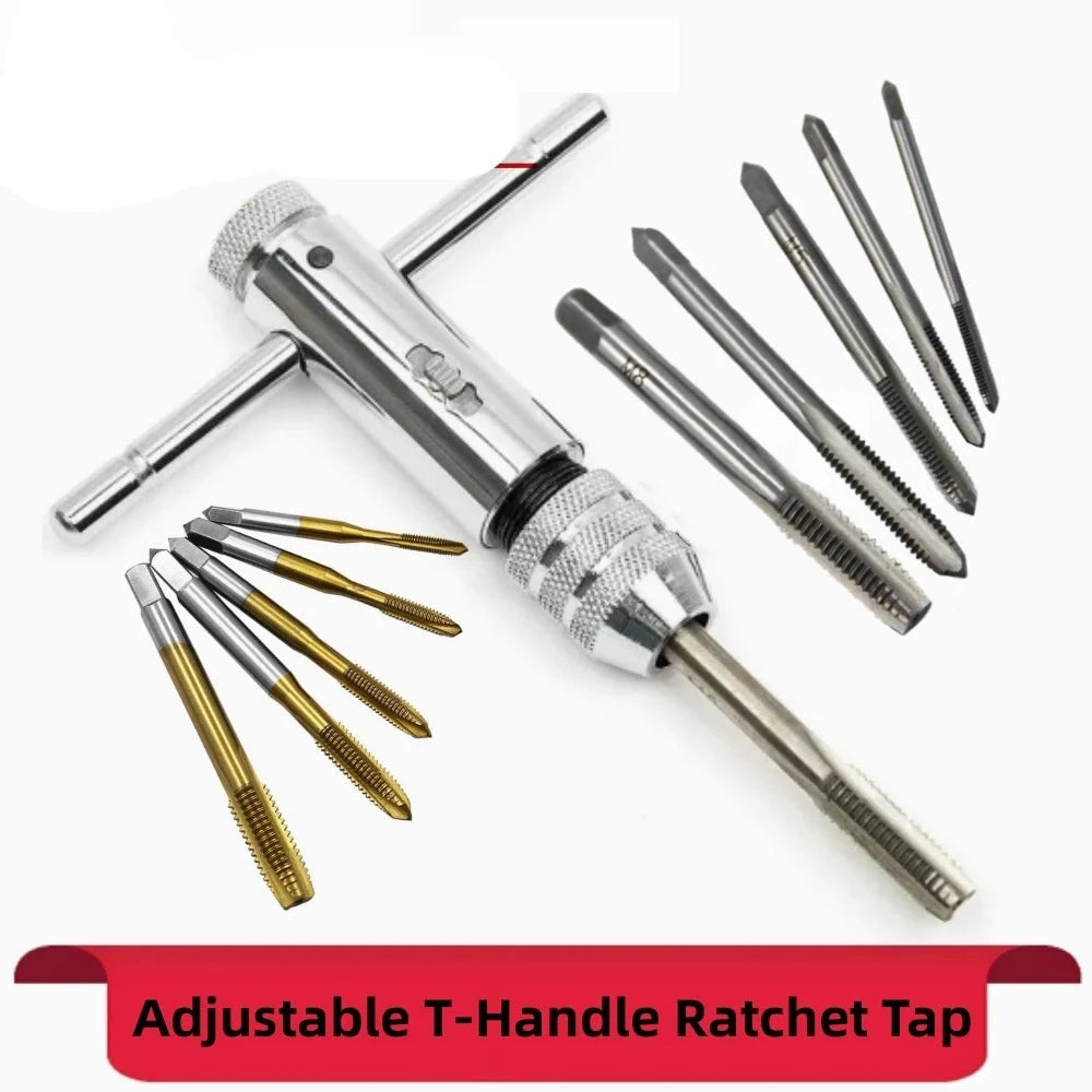 Adjustable Silver T-Handle Ratchet Tap Holder Wrench with 5pcs M3-M8 3mm-8mm Machine Screw Thread Metric Plug T-shaped Tap