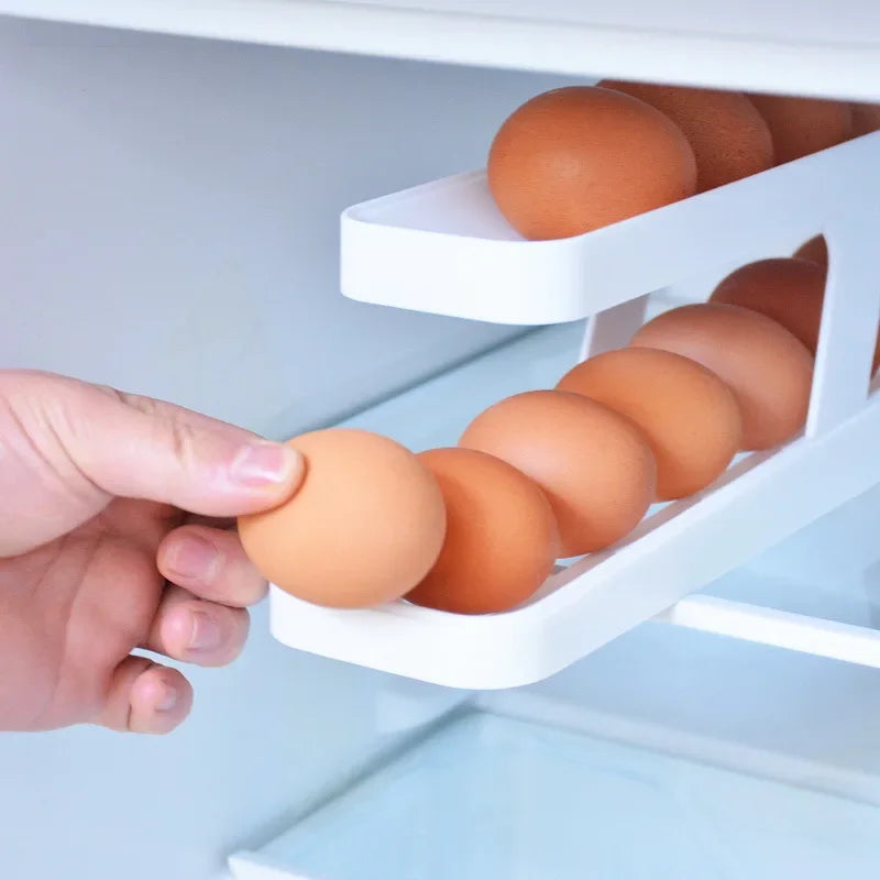 Automatic Rolling Egg Holder Rack – Refrigerator Egg Storage Box Kitchen Fridge Organizer