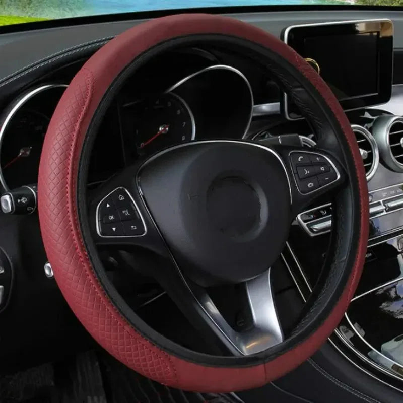 Embossed Leather Car Steering Wheel Cover Anti Slip 37CM 39CM