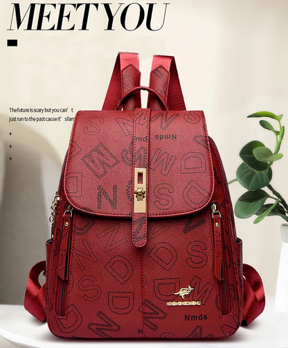 Women's Designer Letter Printing Leather Backpacks Large Capacity Travel Shoulder Bags Totes School Bag