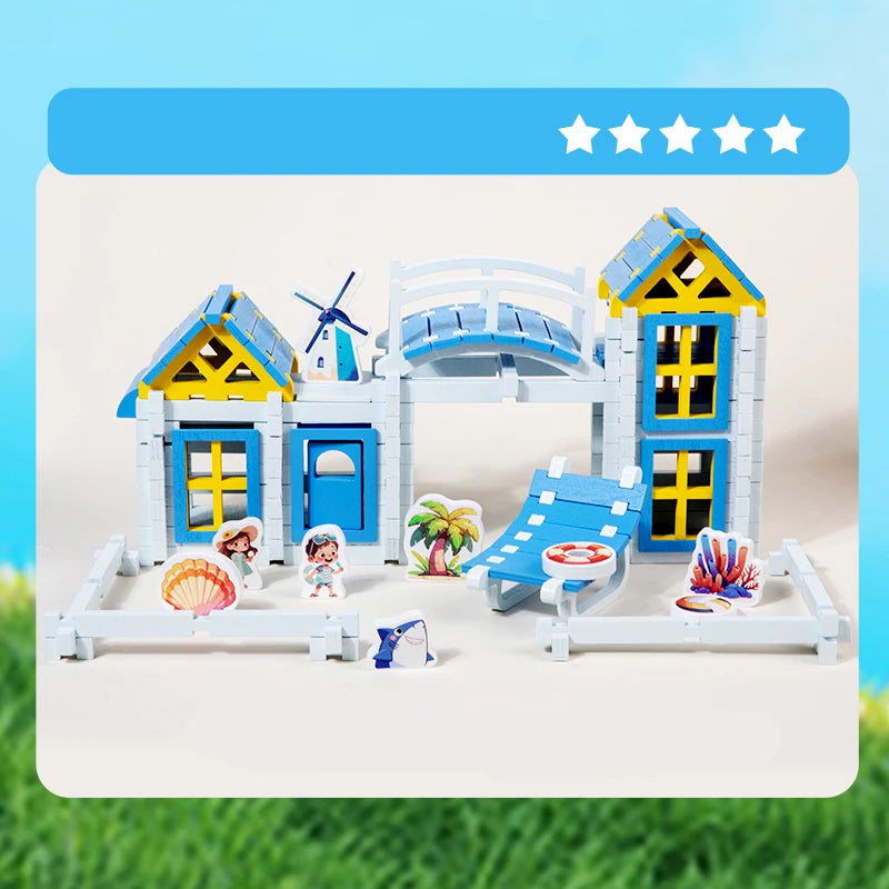 Wooden Beach Villa Building Blocks Construction Toy Set